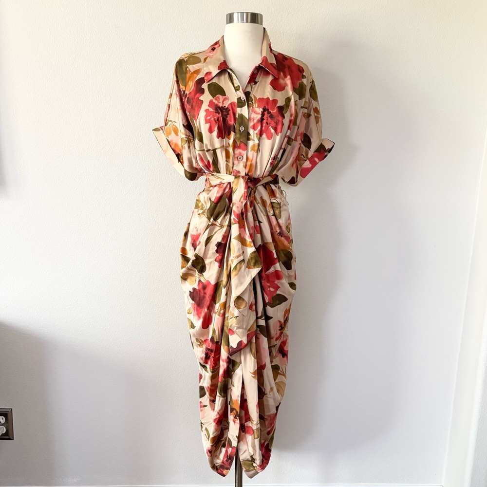 Vici Trudie Floral Satin Midi Shirt Dress Cream Floral M